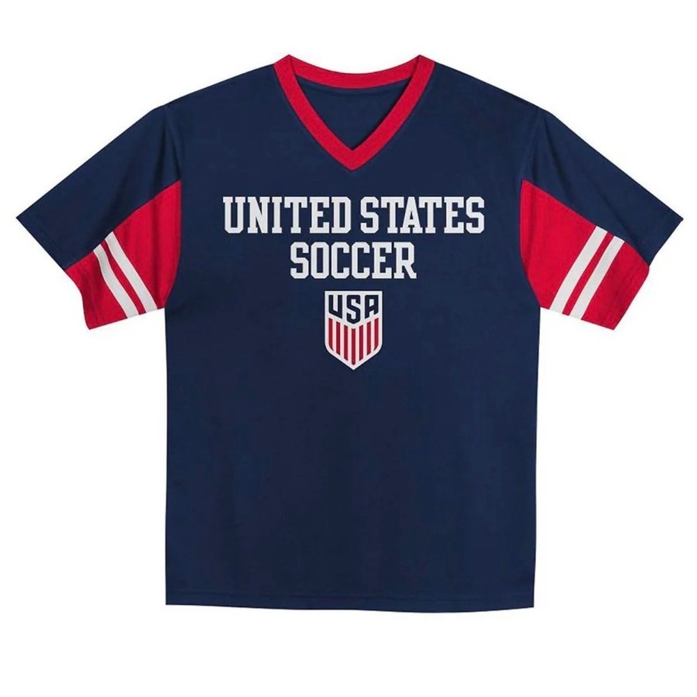 Team USA NEW US Soccer Youth XL Navy Blue Red V-Neck Graphic Jersey Shirt USMNT